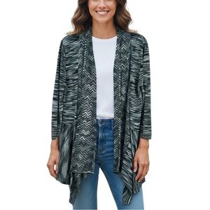 Tabi Chevron Linen Blend Longline Open Front Cardigan Large Heathered Blue